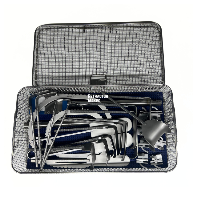 Custom Bookwalter Retractor set by Retractor Maker in a perforated sterilization tray