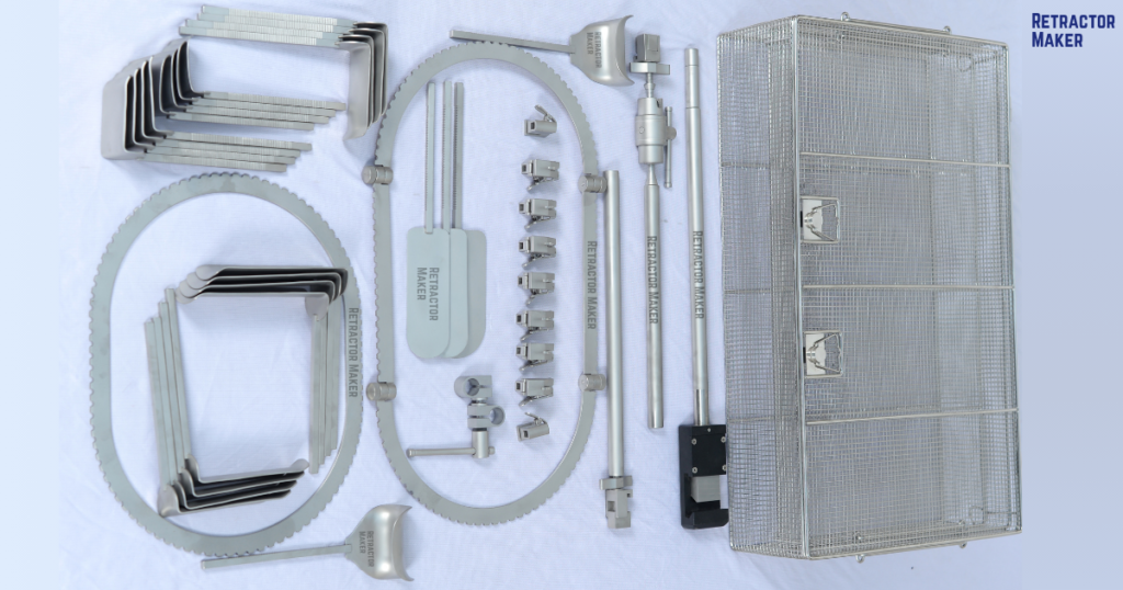 Complete modular Bookwalter Retractor System hardware including field posts, flex bars, rings, ratchets, and blades