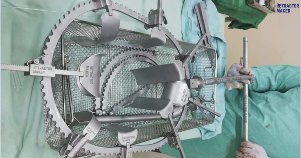 Complete table-mounted Bookwalter Retractor System assembled over surgical table rail prior to surgery