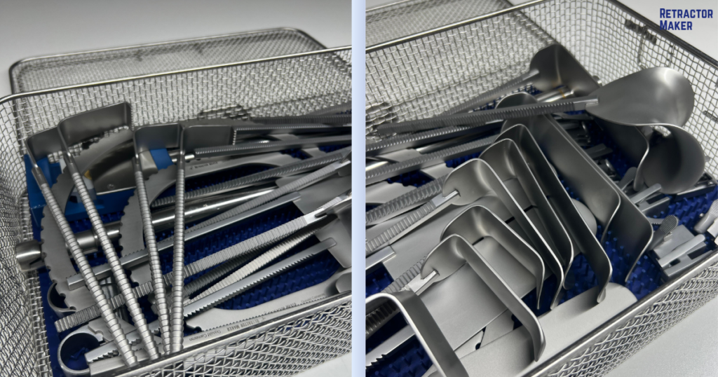 Comprehensive set of Bookwalter retractor blades displayed with perforated sterilization container