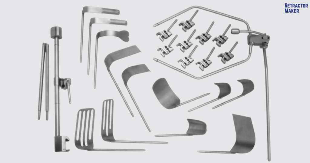 Disassembled Omni Retractor System hardware organized inside a perforated sterilization container