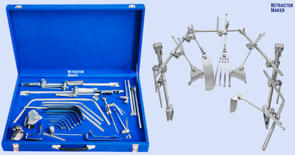 Thompson Retractor System hardware stored inside a padded wooden storage case