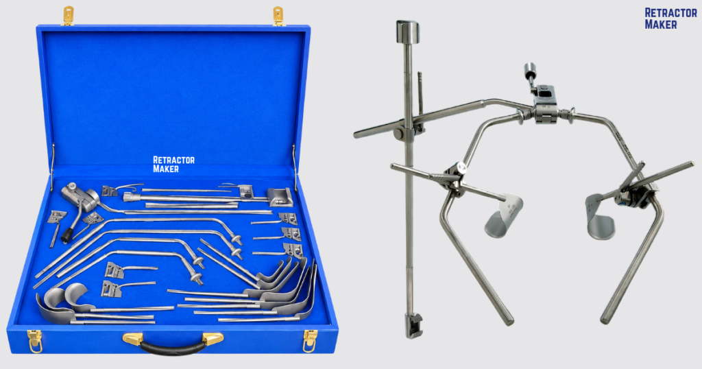 Complete Omni Retractor System kit components including wishbone arms, post clamps, and blade holders